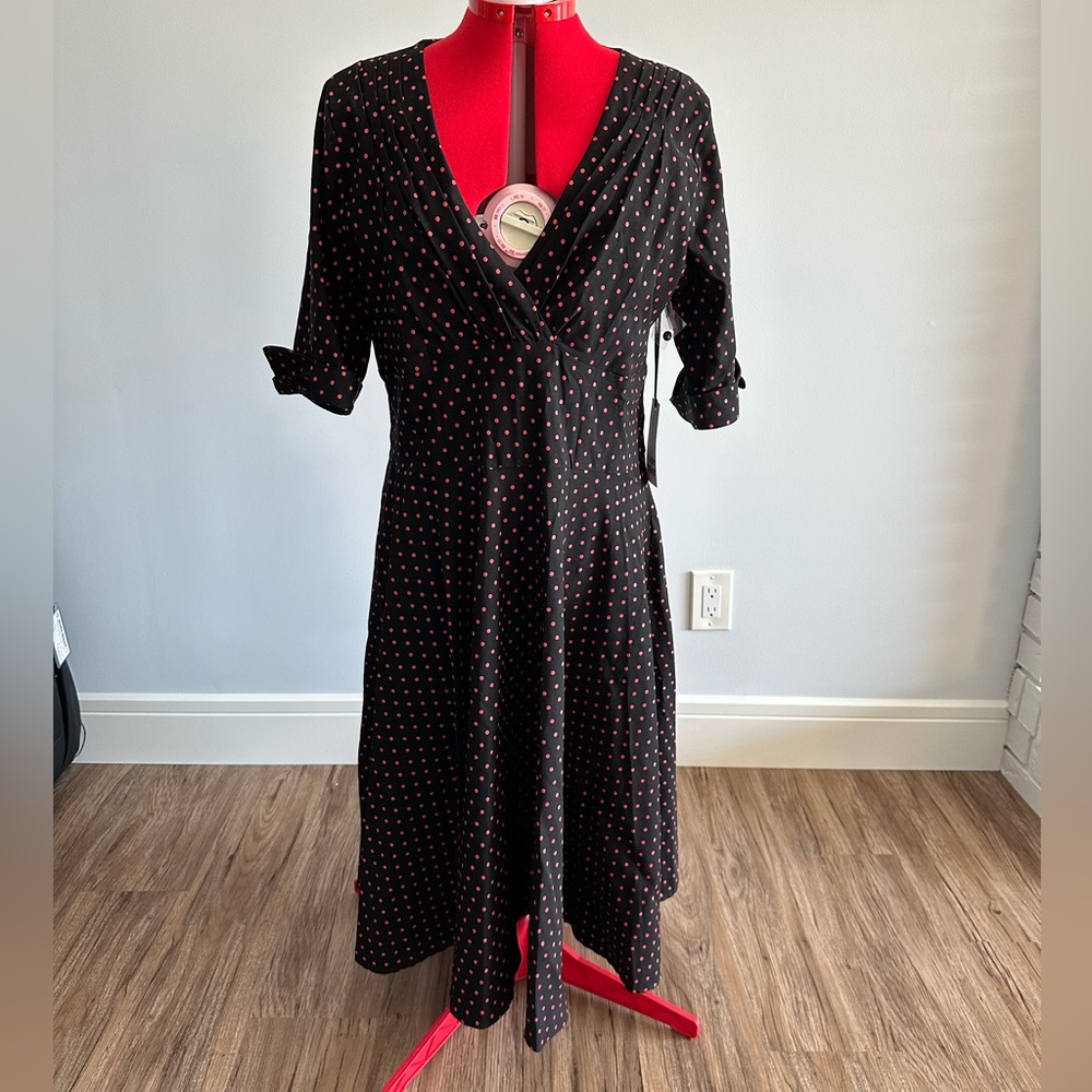 Unique Vintage Black with Red Polka Dot A-Line Dress